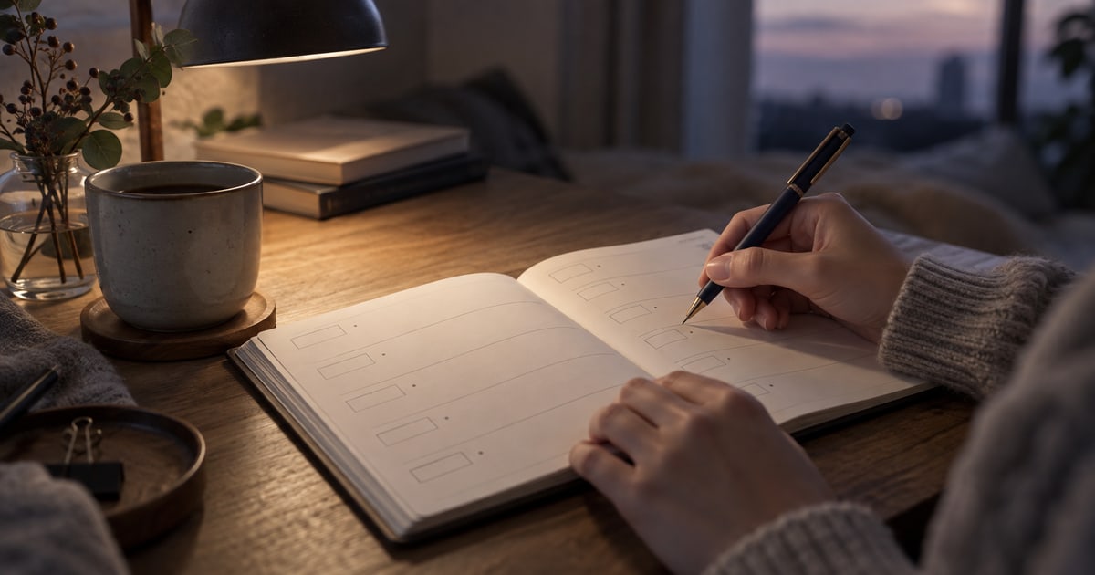 机に開かれた手帳と、書きかけの記録